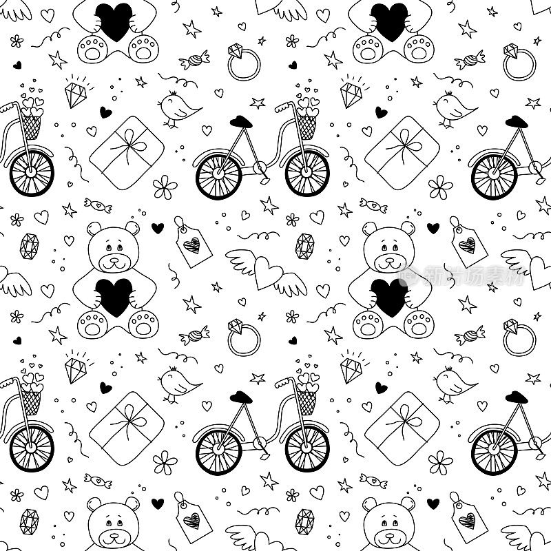 Seamless pattern of doodles for Valentine's day. Black and white romantic background.